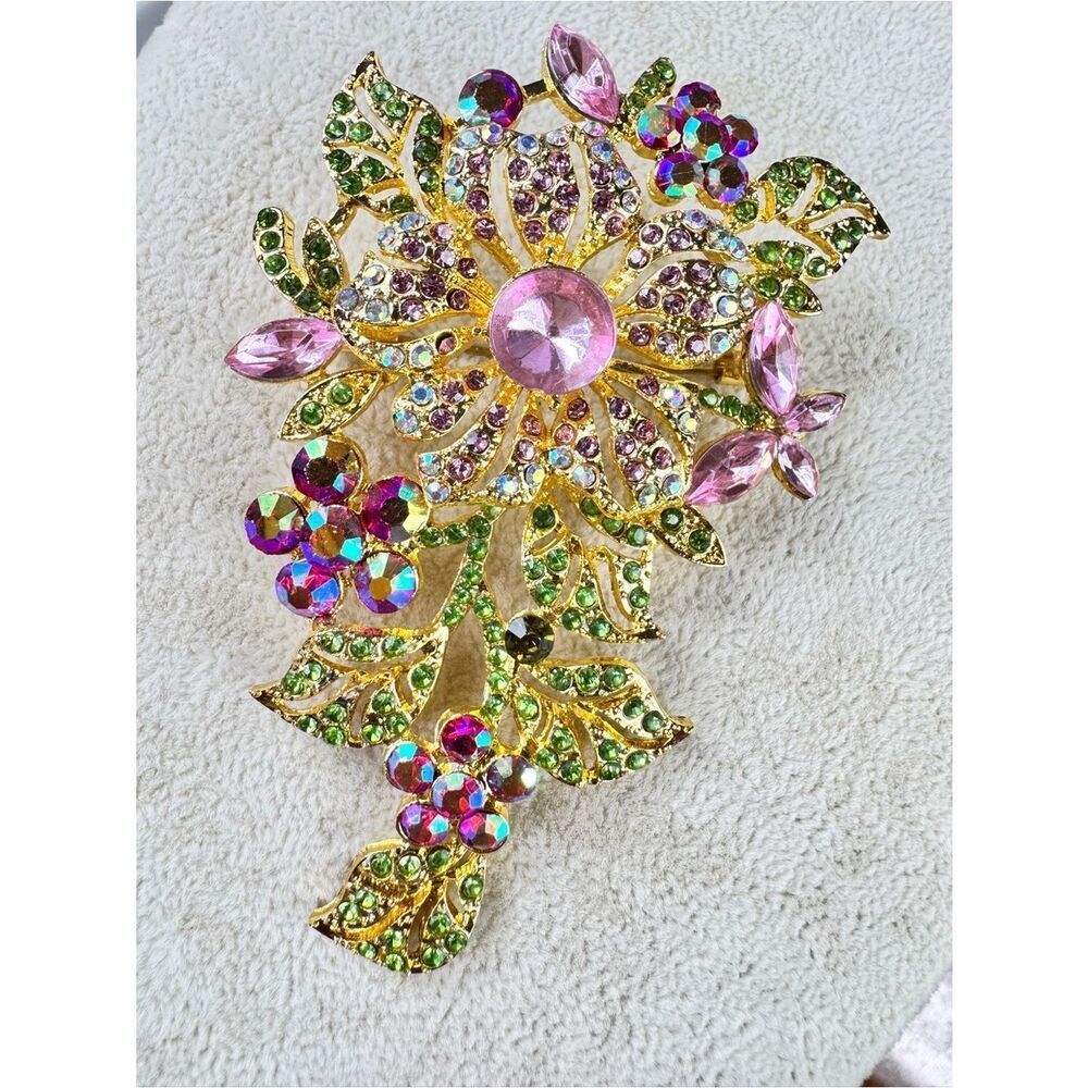Vintage Gold Floral Brooch with Pink, Green & Iridescent Crystals